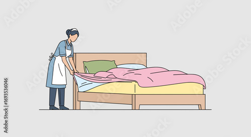 Flat vector illustration of a hotel maid making a bed. Minimal modern design with muted pastel colors and clean shapes, perfect for hospitality service