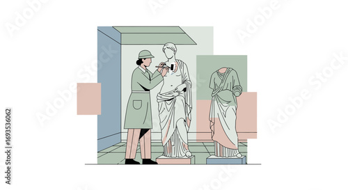 Flat vector illustration of a restorer conserving an ancient statue in a museum, minimal modern design with clean shapes and muted pastel colors