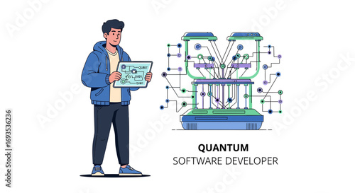 Vector illustration of a quantum software developer holding a tablet next to a quantum computing system