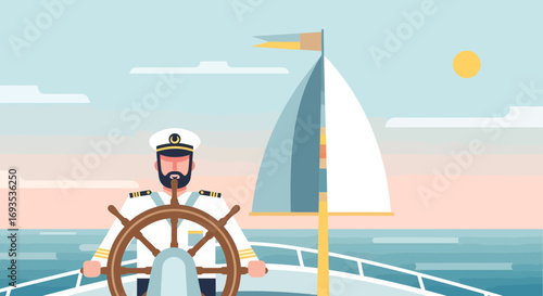 Flat vector illustration of a bearded ship captain steering the helm on a calm sea journey