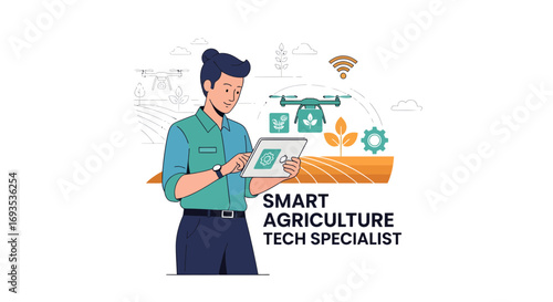 Vector illustration of a smart agriculture tech specialist managing a farm with a drone and tablet on a white background