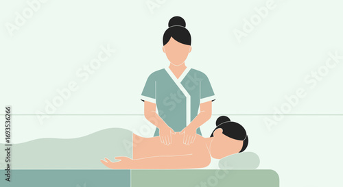 Professional masseuse giving a relaxing back massage at a spa. Flat vector illustration concept for wellness, healthcare, and body treatment