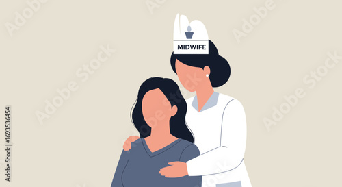 Minimalist flat vector illustration depicting a midwife offering supportive and compassionate care to a woman, rendered with clean shapes and a modern aesthetic in muted pastel tones