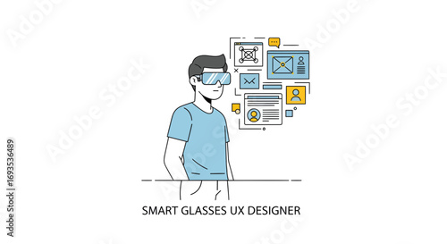 Smart Glasses UX Designer Vector Illustration on White, Flat Design, Clean Lines