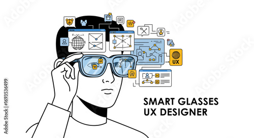 Futuristic concept of a UX designer creating an interface for augmented reality smart glasses. Clean flat vector illustration