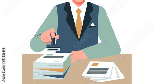 Business professional in a suit stamping official documents on a desk with a stack of papers and envelopes, conveying legal approval and administrative tasks