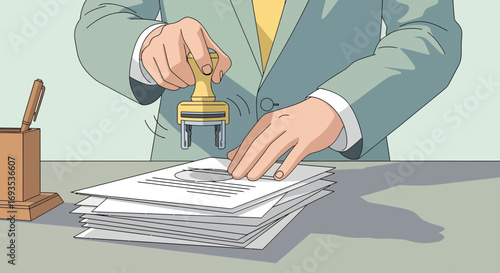 Flat vector illustration of a professional stamping important business documents, symbolizing official approval, verification, and the completion of administrative processes