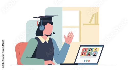 Flat vector illustration of an educator in a graduation cap teaching an online class. Minimal modern design concept for e-learning and remote education