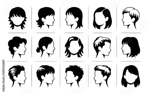 Collection of Diverse Black and White Hairstyle Silhouettes