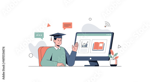 Flat vector illustration of a graduate student participating in an online course. E-learning and digital education concept with a man in a cap