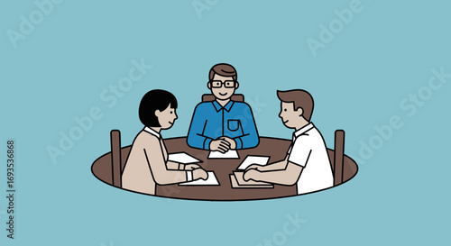 Dedicated team members in a focused business meeting, brainstorming ideas and strategizing for future success, rendered in a modern flat vector illustration style