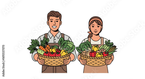 Two smiling farmers proudly holding baskets overflowing with fresh, colorful vegetables, ready for market