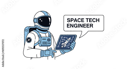 Space Tech Engineer Vector Illustration of Astronaut with Rocket Blueprint