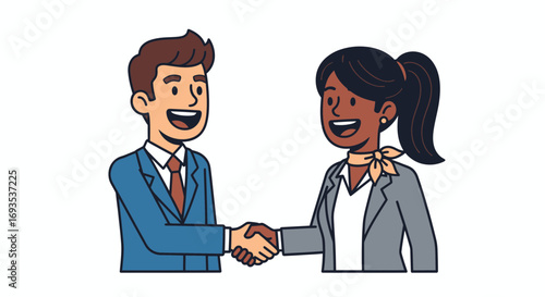 Smiling businessman and businesswoman shaking hands after a successful meeting. Flat vector illustration of a diverse partnership and collaboration