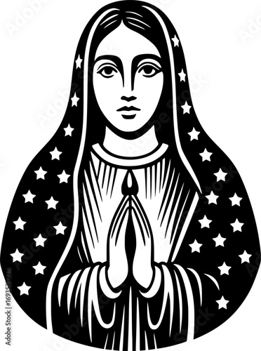 A striking black illustration of the Virgin Mary with a star-studded veil, depicted in prayer.