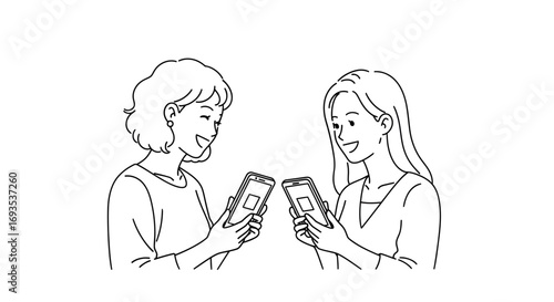 Two women sharing content on smartphones, line art style illustration, communication and social networking concept
