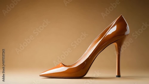 Shiny brown high-heeled shoe on simple beige background