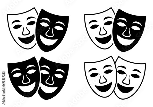 Four Pairs of Comedy and Tragedy Masks in Black and White