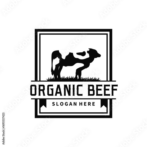 Livestock farm design concept cow logo with black silhouette of cow, design for farm, farmer, brand, business and poster template as icon symbol illustration