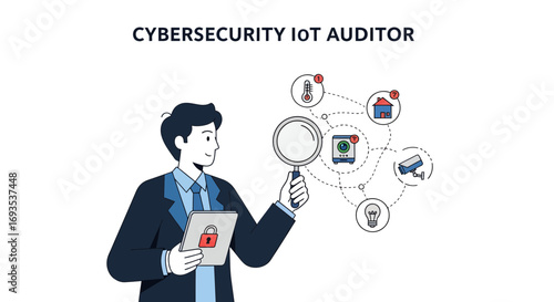 A cybersecurity auditor analyzes a smart home IoT network with a magnifying glass. Flat vector illustration concept for internet security and data protection