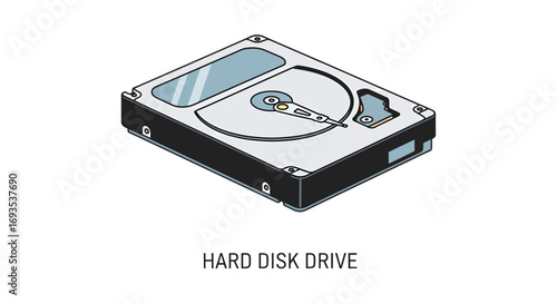Vector illustration of an internal computer hard disk drive on a white background, simple flat design, clean lines, modern isometric style