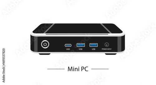Vector illustration of a modern compact mini PC with various ports. Simple flat design of a small form factor computer isolated on a white background