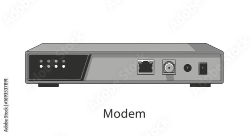 Modem illustration on white background, clean vector art with indicator lights and ports, simple modern design