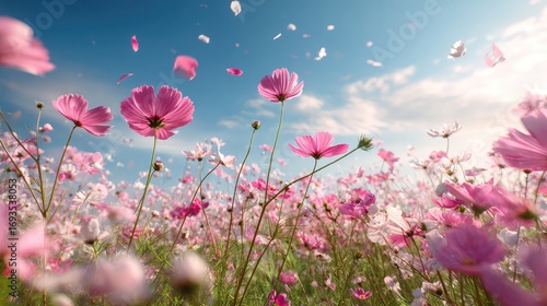 Pink cosmos flowers and leaves in the garden with petals flying