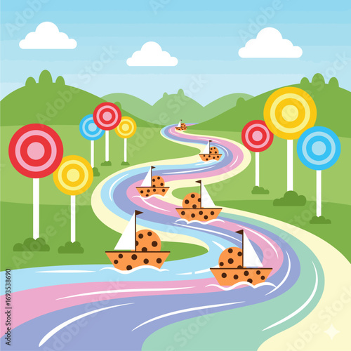 Colorful Candyland River with Cookie Ships: A whimsical scene for children.