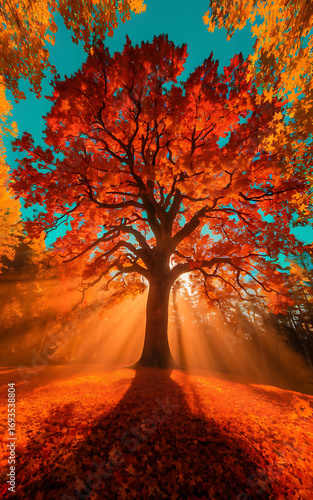 Autumn landscape with tree and sun