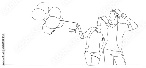 continuous line of the intimacy of a couple happily playing with balloons