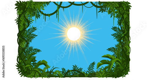 Jungle vegetation frames a sunny blue sky lianas hang from above