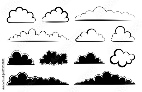 Collection of Hand-Drawn Cloud Illustrations in Black and White