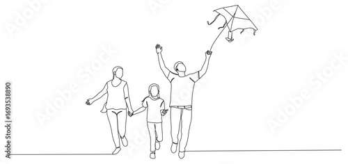 continuous line, a family, father and mother, children playing kites happily eps 2