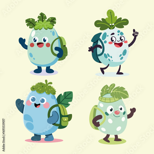 Cute cartoon egg creatures with backpacks ready for adventure.