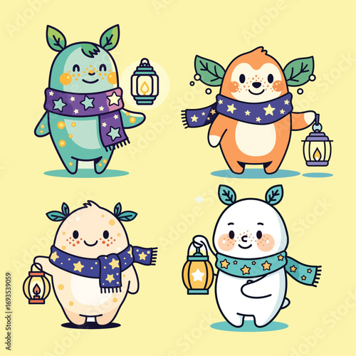 Cute Cartoon Creatures Holding Lanterns, Perfect for Kids' Products
