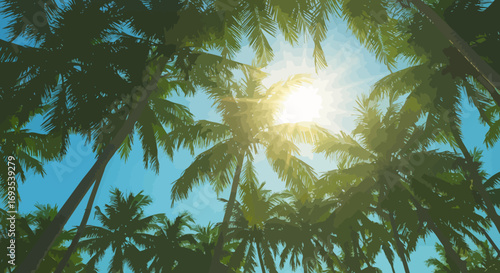 Lowangle view looking up through many palm trees toward the sun in a clear blue sky