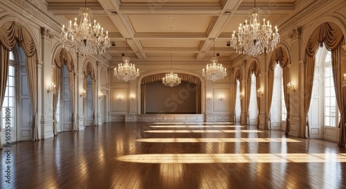 Elegant Empty Ballroom with Crystal Chandeliers and Sunlight.