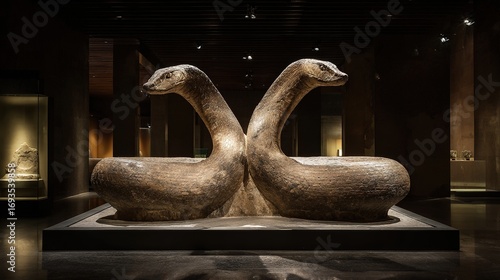 A fossilized two-headed serpent emerging dramatically from stone under museum lighting, evoking ancient mysteries.