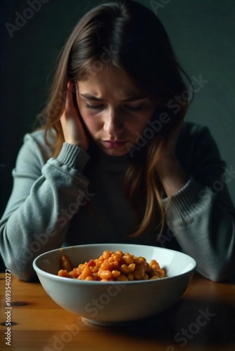 Empty bowl, untouched meal, dim lighting, slumped posture, conveying feelings of hopelessness and lack of appetite associated with depression , meal, helplessness