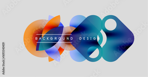 Abstract colorful shapes overlap, creating dynamic visual effect. Modern design elements suggest creativity, innovation. Light gradients enhance composition.