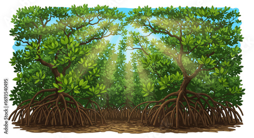 Mangrove swamp trees with intricate root systems bright green leaves sunlit clearing