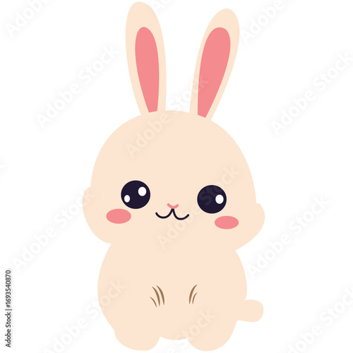 Adorable white bunny with long ears and rosy cheeks, cute kawaii animal character for kids’ content or Easter themes.

