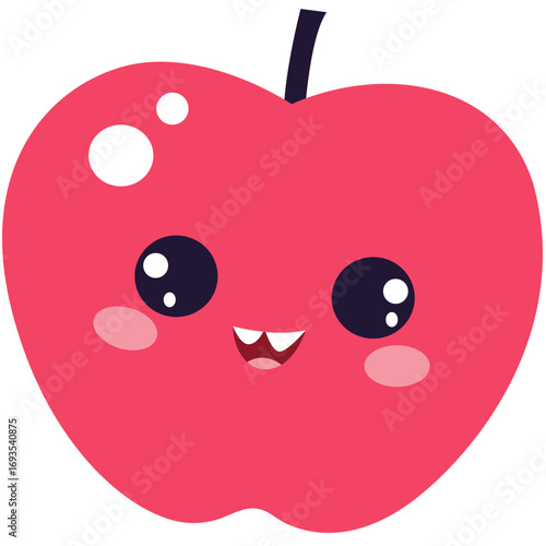 Red apple with big eyes and fangs, funny kawaii fruit character perfect for Halloween or playful food designs.

