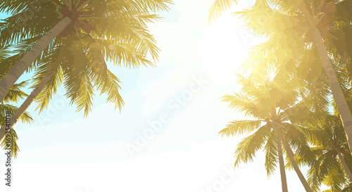 Palm trees face the sky basking in the bright radiating sunlight