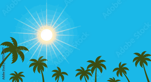 Palm trees  sun on a blue backdrop stylized vector art