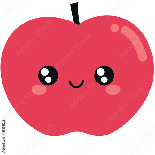 Cute red apple with big eyes and a smile, playful kawaii fruit character ideal for children's books or healthy food themes.

