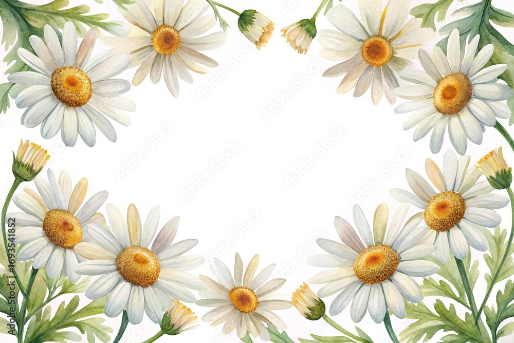 Obraz premium Watercolor Daisy Floral Border Frame with Blank Space on White Background