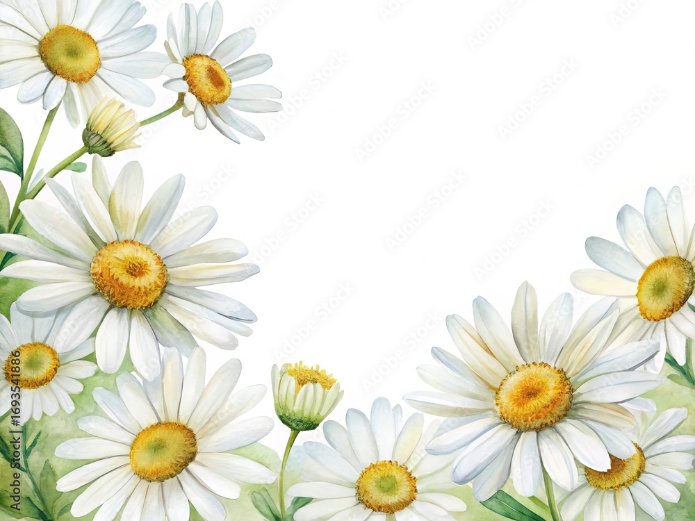 Obraz premium Beautiful watercolor painting of a daisy flower corner arrangement with white background