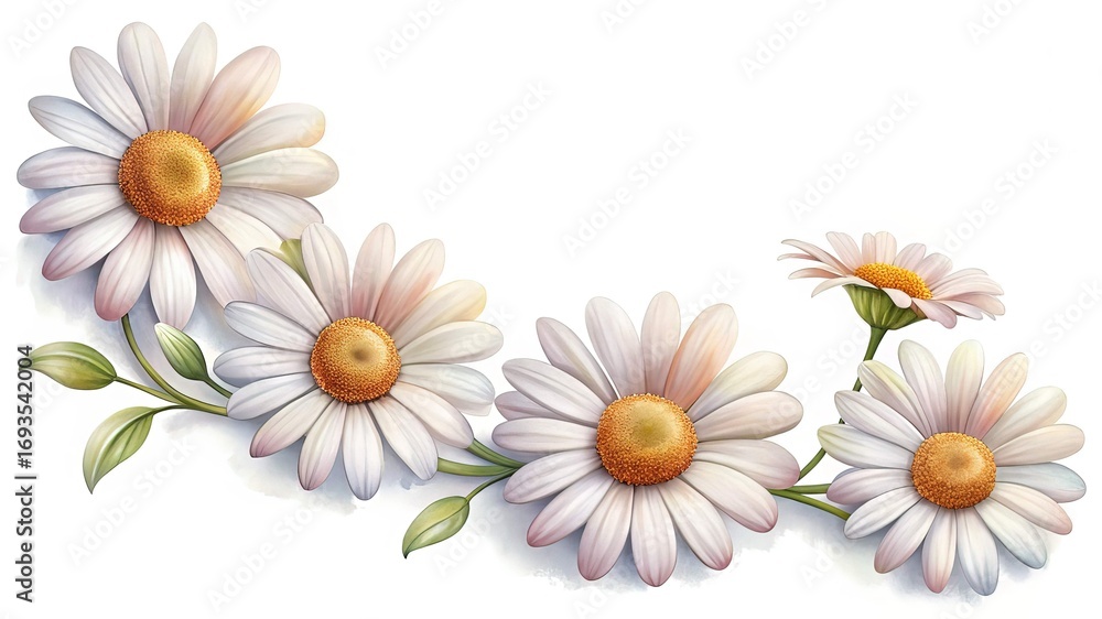 Obraz premium Watercolor Illustration of Blooming Daisies with Lush Greenery against a White Background